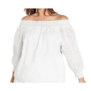 Lane Bryant Milkmaid Top 3X White Off Shoulder Smock Eyelet Neutral Coquette 80s